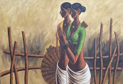 Lot 234 - B Prabha (Indian 1933 - 2001), 'Sisters', 1984