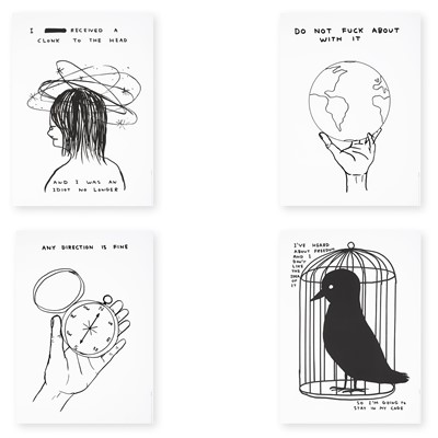 Lot 52a - David Shrigley (British 1968-), 'I Received A Clonk On The Head, Do Not Fuck About With It, Any Direction Is Fine & I've Heard About Freedom', 2022
