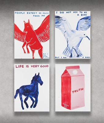 Lot 55 - David Shrigley (British 1968-), 'People Expect So Much Of Me, Life Is Very Good, I Did Not Ask To Be A Bird & Truth', 2021