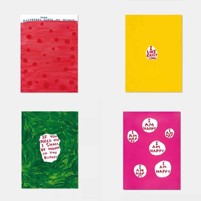 Lot 37 - David Shrigley (British 1968-), 'If You Need Me, I Am Happy, Raspberry Soda Cured My Insanity, I Like Existing & I'm In The Midst Of It', 2022