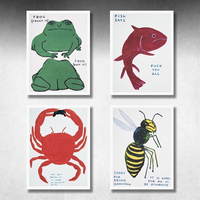 Lot 60 - David Shrigley (British 1968-), 'Fish Says Fuck You All, Frog (Front Of) Frog (Back Of), Sorry For Being Annoying & You Got Beaten By A Crab', 2022