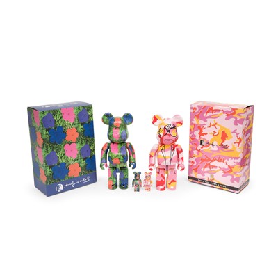 Lot 16 - Bearbrick & Andy Warhol 'Camo Version & Flowers', (400% & 100%)', 2017-20