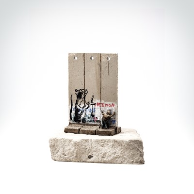Lot 57 - Banksy (British 1974 -), Walled Off Hotel - Three-Part Souvenir Wall Section (Slingshot Rat)