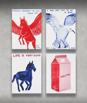 Lot 24 - David Shrigley (British 1968-), 'People Expect So Much Of Me, Life Is Very Good, I Did Not Ask To Be A Bird & Truth', 2021